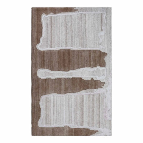 Abstract striped hand-tufted wool rug in brown and grey layered design, modern artisan wool rug with irregular stripe pattern.