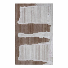 Abstract striped hand-tufted wool rug in brown and grey layered design, modern artisan wool rug with irregular stripe pattern.