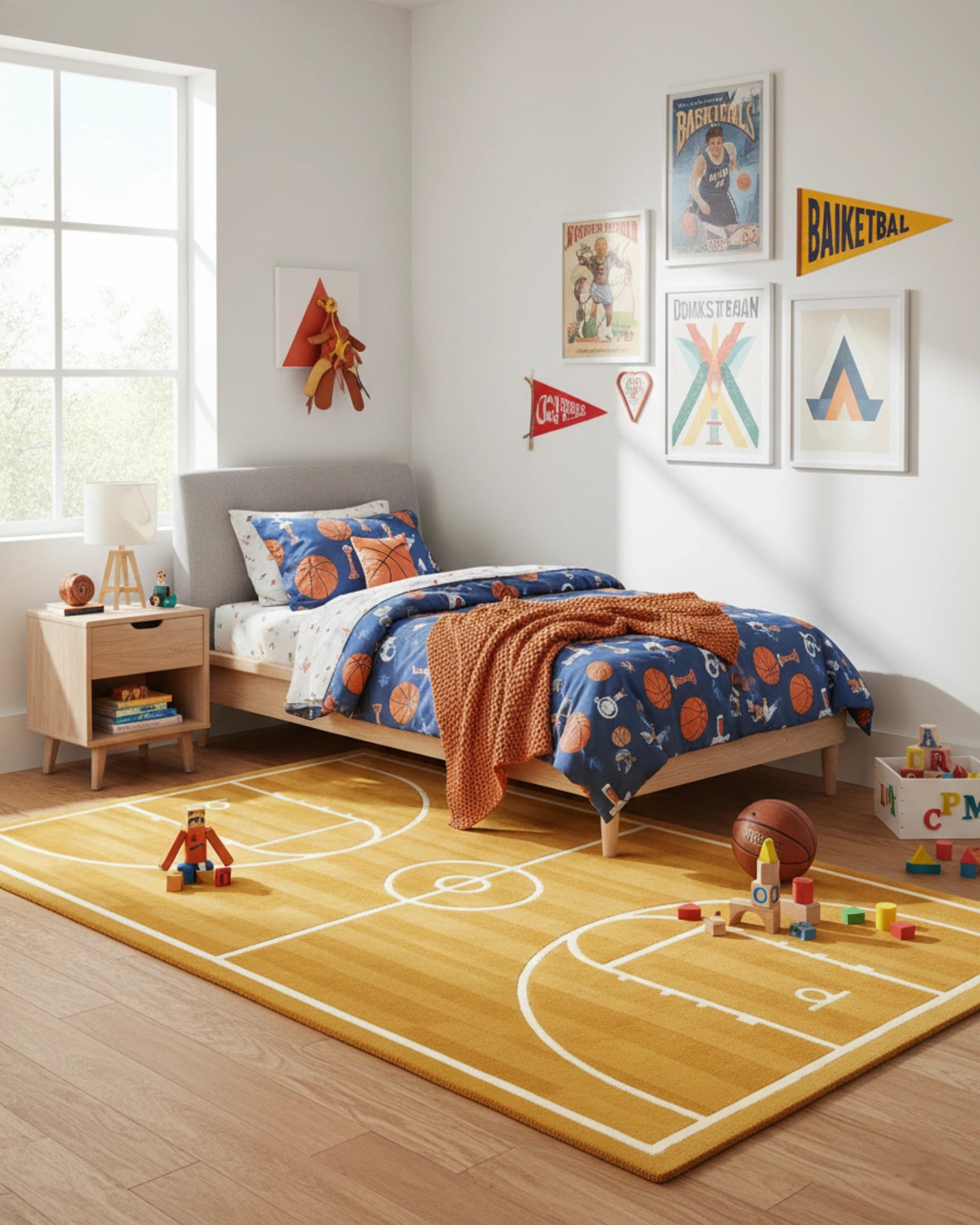 Brown and ivory basketball court novelty hand-tufted area rug placed in a kids’ room, featuring a sporty design that adds a fun and playful accent
