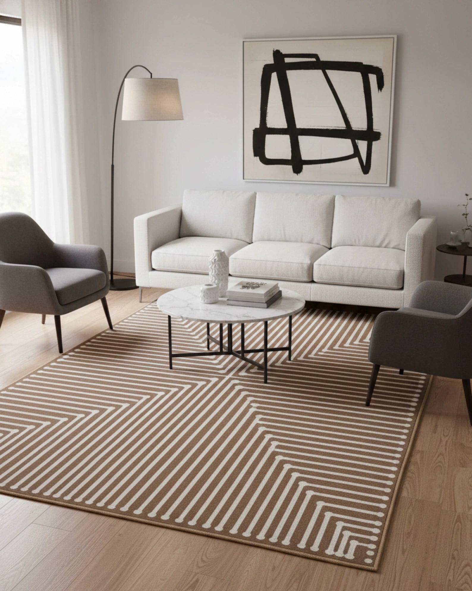 Brown modern geometric machine-washable area rug styled in a living room, adding a clean, contemporary, and practical decor accent