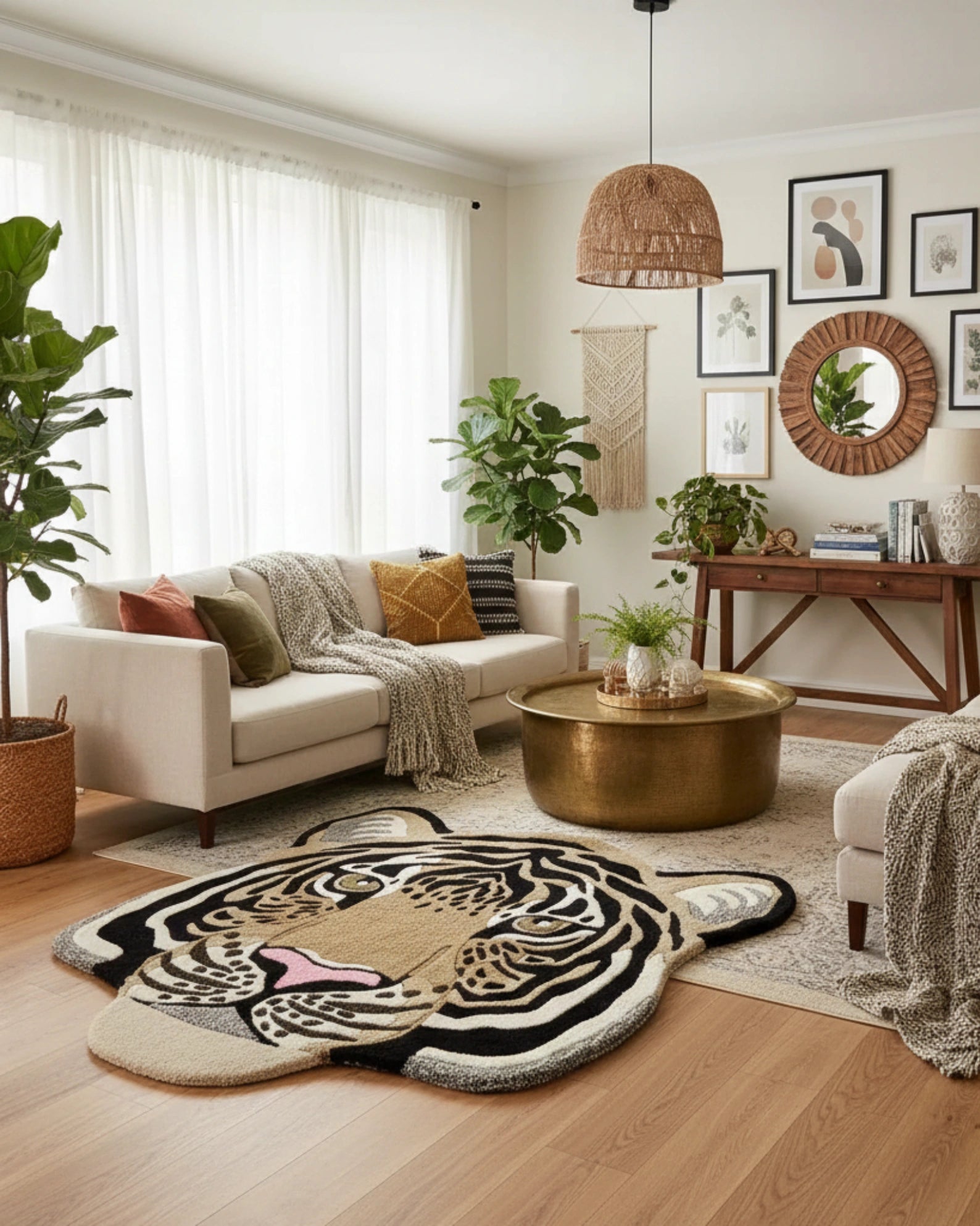 Brown tiger face–shaped irregular area rug with a hand-tufted texture, featuring detailed animal artwork that adds a bold, statement-making accent to the interior space