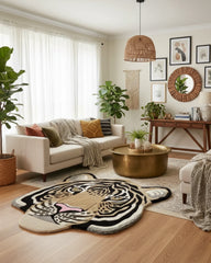 Brown tiger face–shaped irregular area rug with a hand-tufted texture, featuring detailed animal artwork that adds a bold, statement-making accent to the interior space