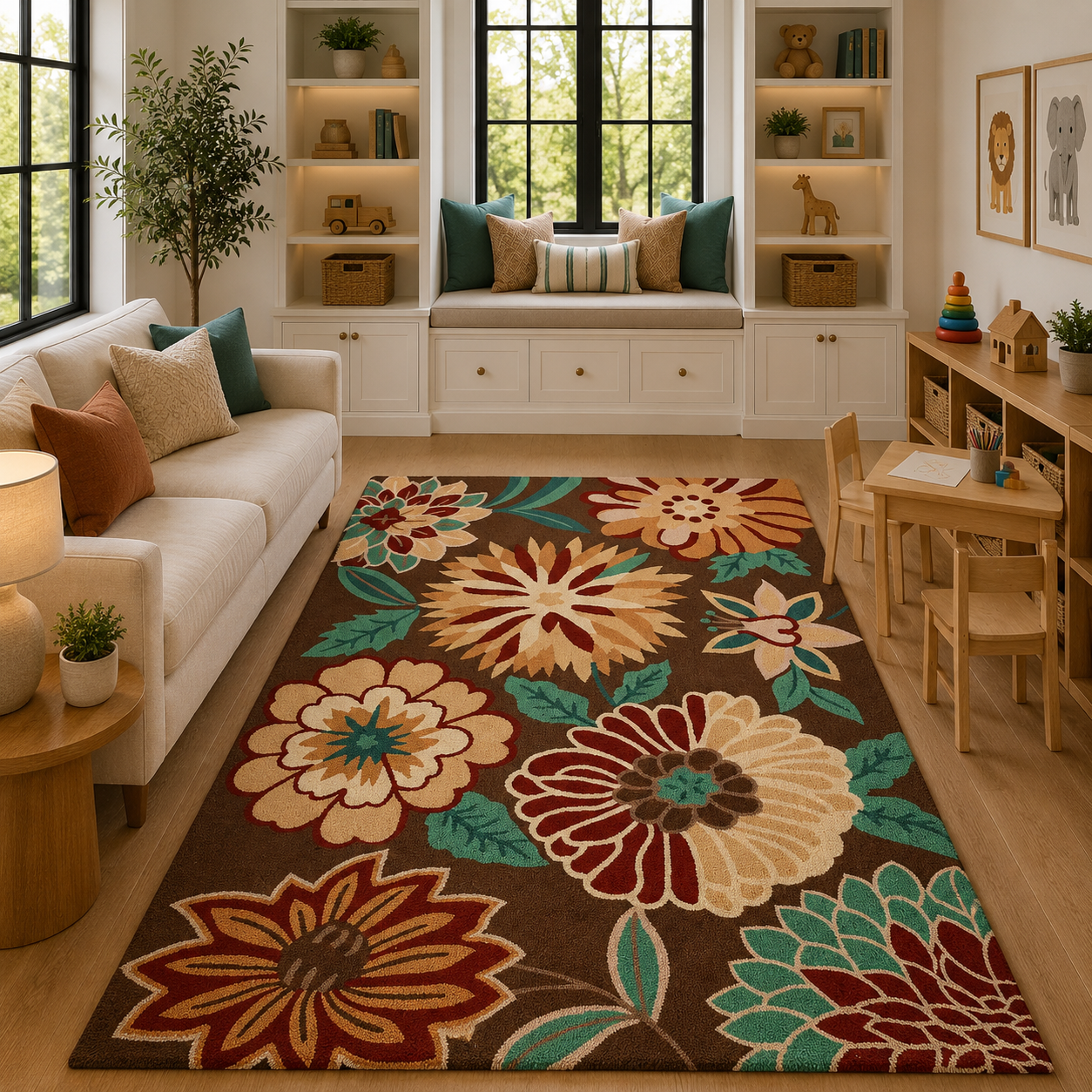 Brown vintage floral wool rug