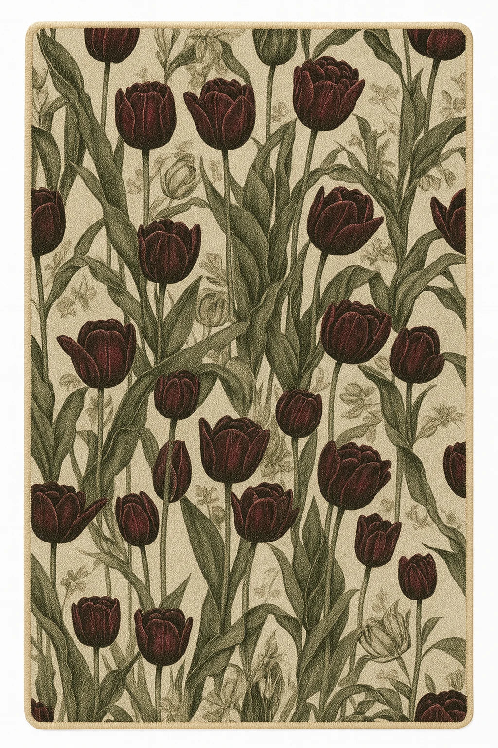Burgundy tulip floral rug with beige background, machine washable.