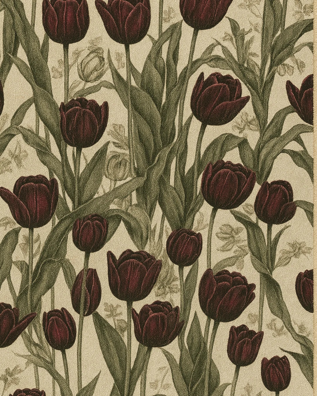 Botanical decorative rug with burgundy tulip design for fall decor.