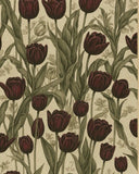 Botanical decorative rug with burgundy tulip design for fall decor.