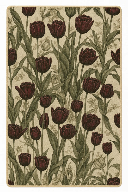 Burgundy tulip floral rug with beige background, machine washable.