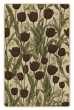 Burgundy tulip floral rug with beige background, machine washable.