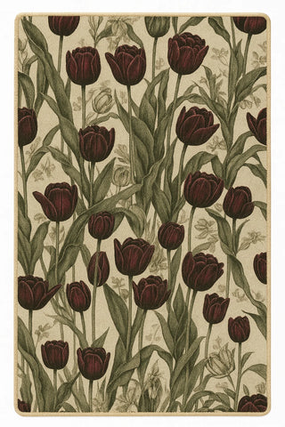 Burgundy tulip floral rug with beige background, machine washable.