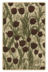 Burgundy tulip floral rug with beige background, machine washable.