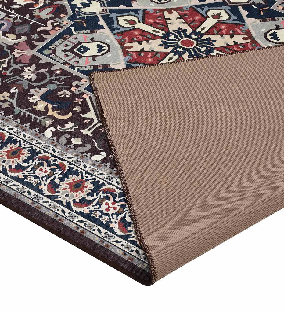 Elegant burgundy rug with distressed vintage design.