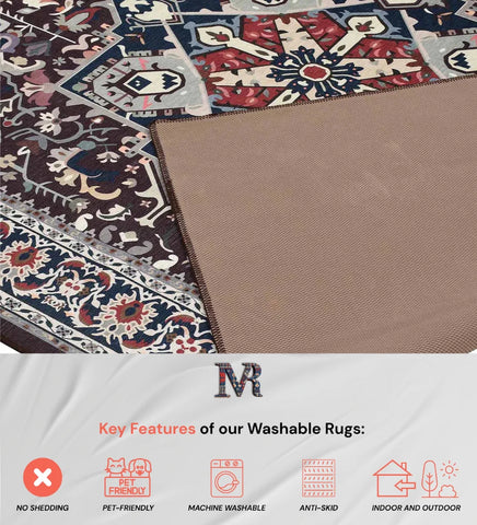 Machine washable rug in burgundy vintage style.