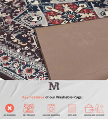 Machine washable rug in burgundy vintage style.