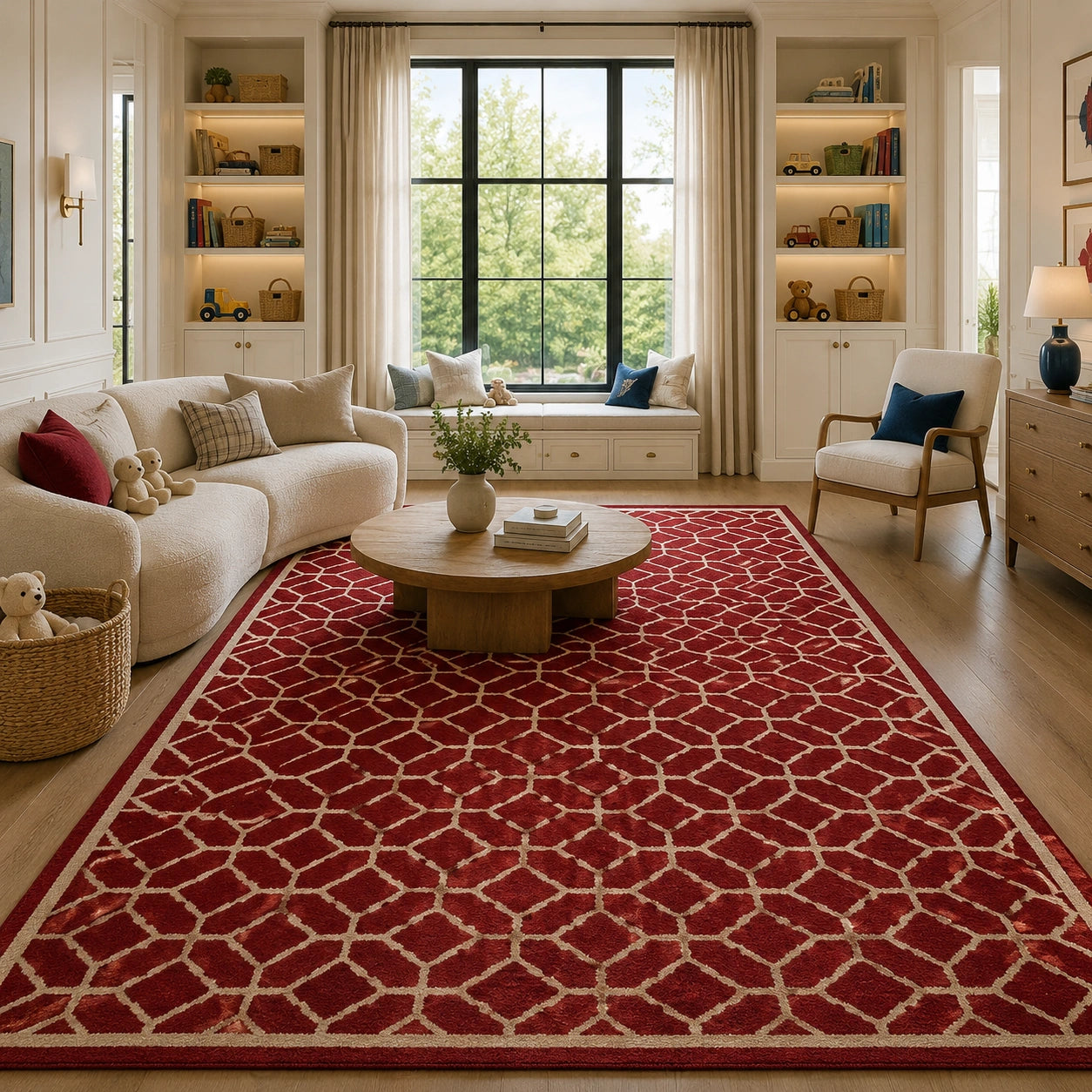 Burgundy geometric wool rug