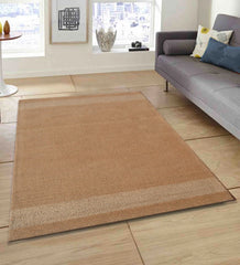 Modern camel wool rug with subtle horizontal textured bands