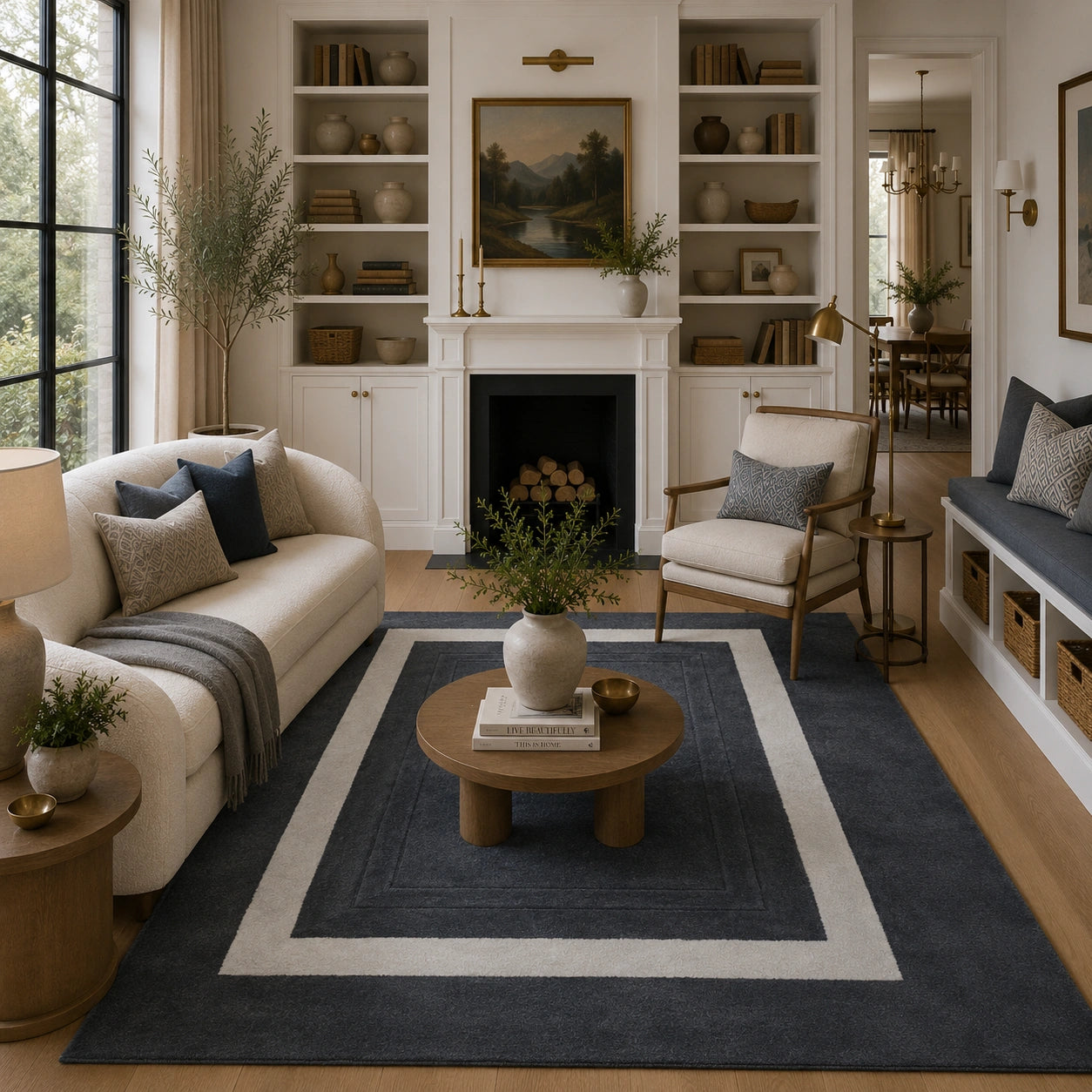 Gray bordered wool rug