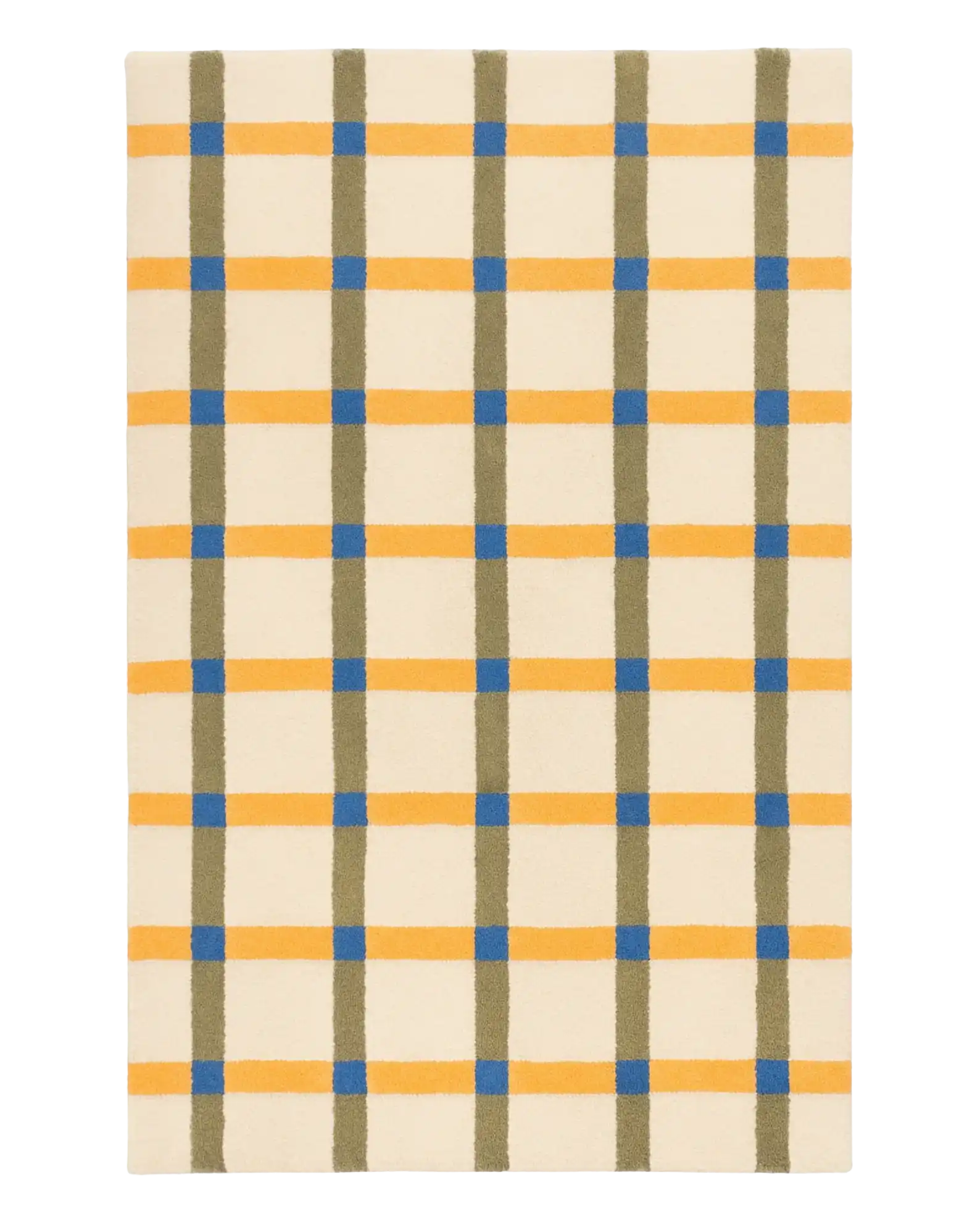 Hand-tufted plaid tartan rug with beige, yellow, green, and blue pattern.