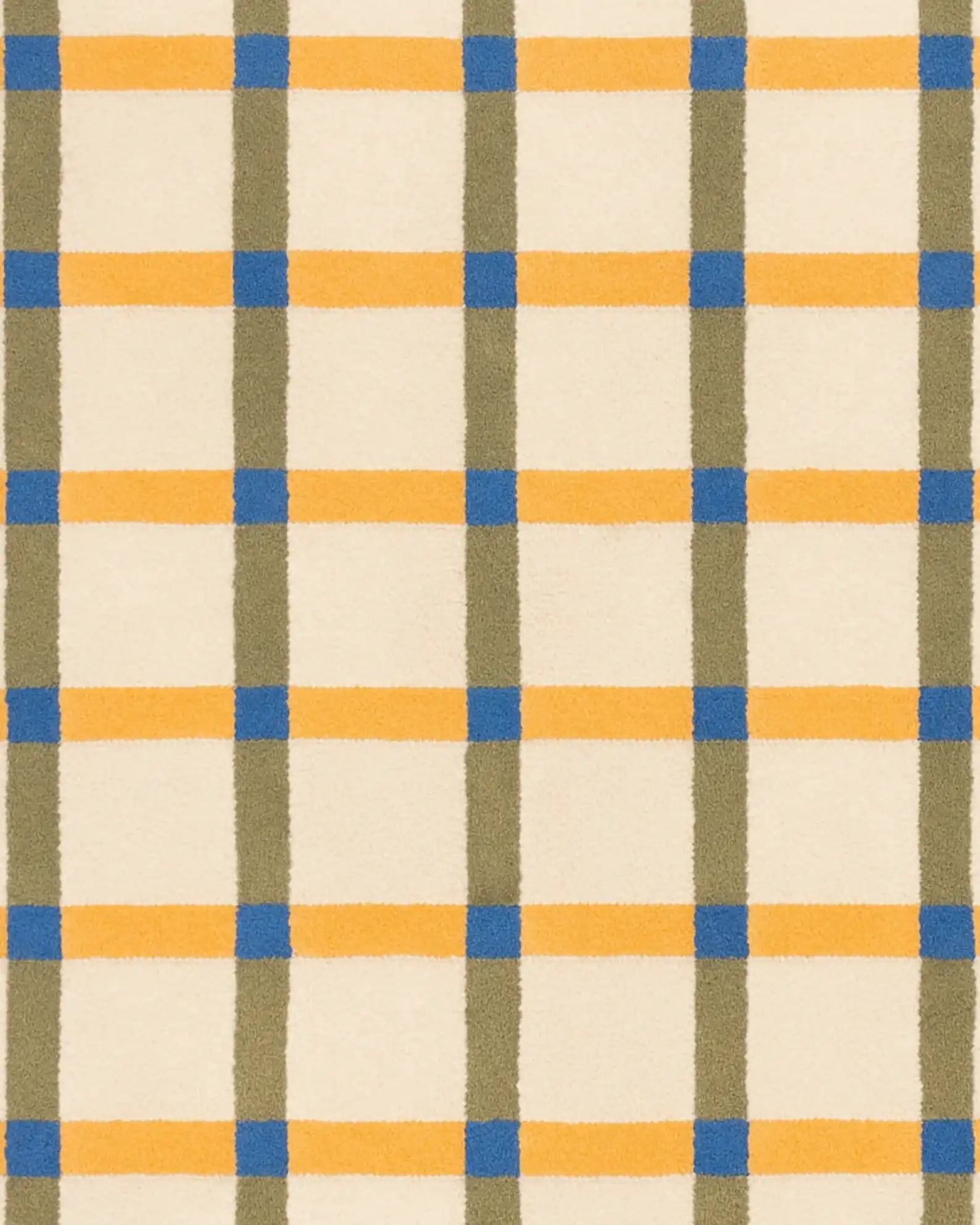 Plaid area rug with multicolor intersecting lines on beige background