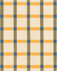 Plaid area rug with multicolor intersecting lines on beige background