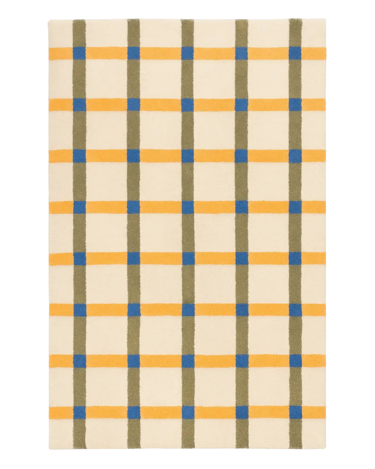 Hand-tufted plaid tartan rug with beige, yellow, green, and blue pattern.