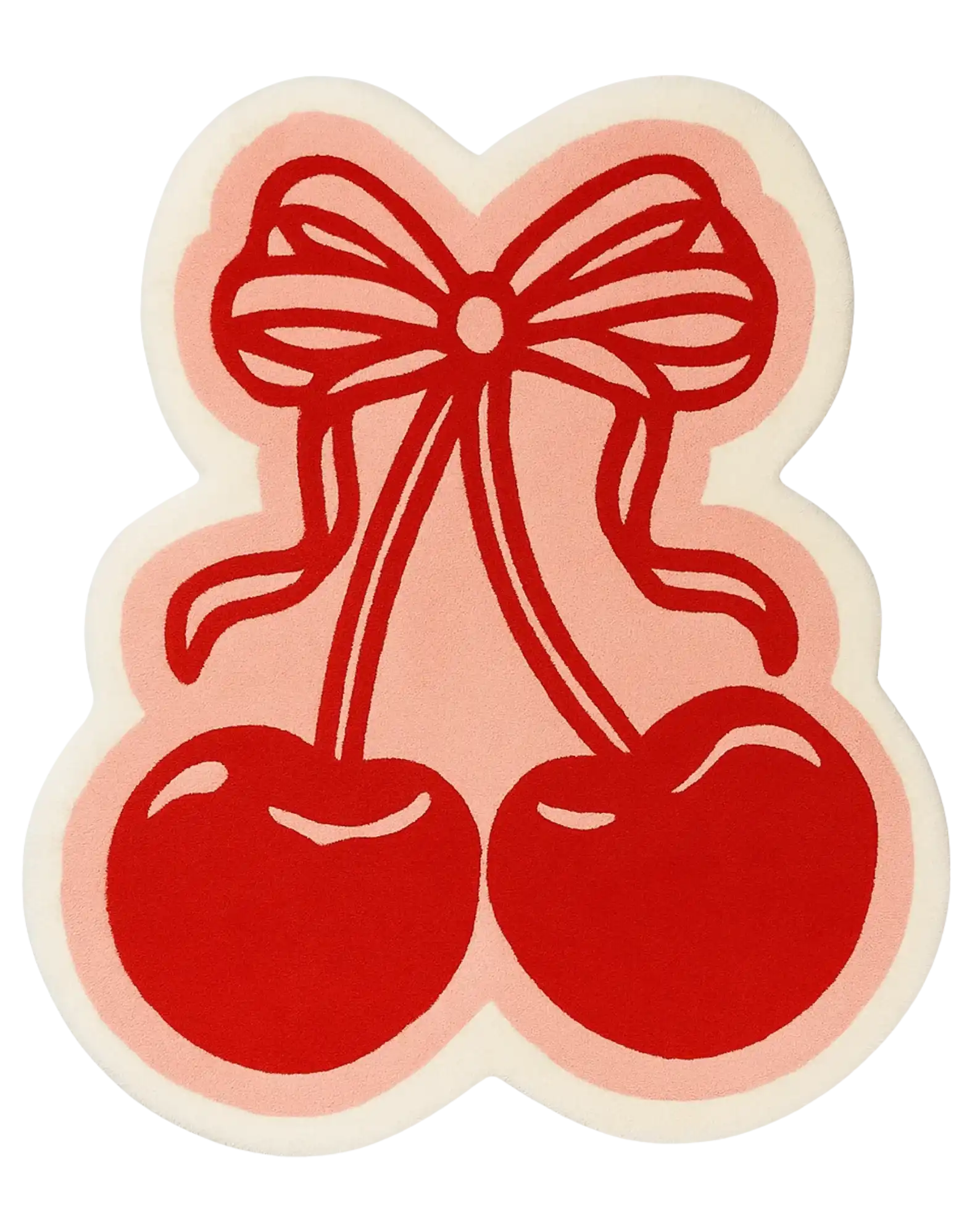 Hand-tufted cherry rug with red outline and pink bow pop art design.
