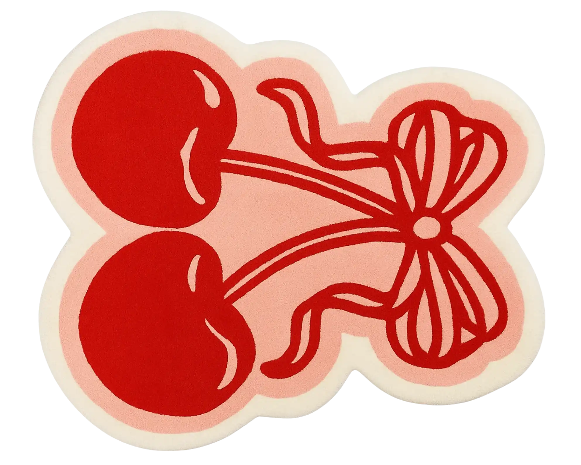 Luxury cherry bow rug featuring bold red cherries and pink background.