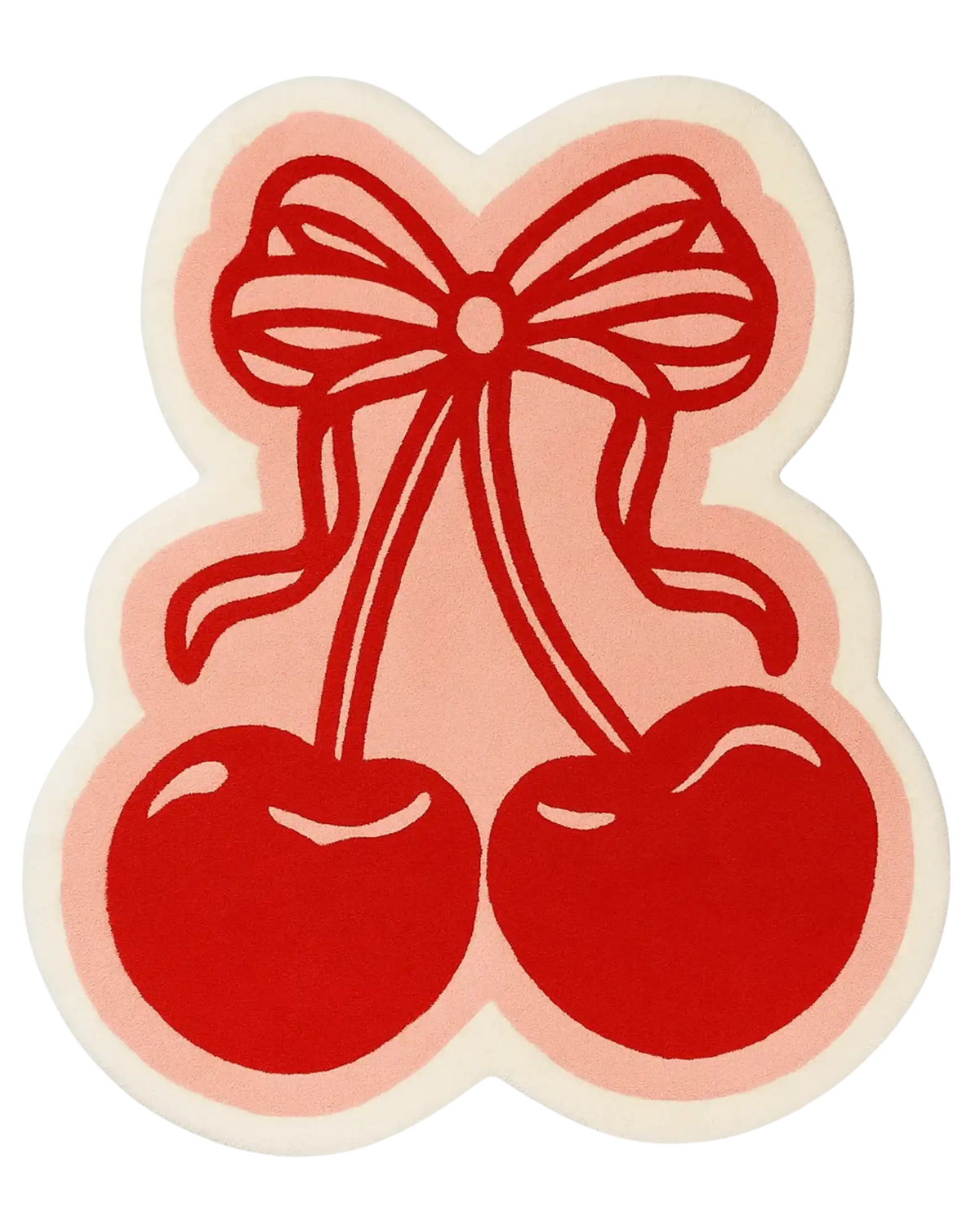 Hand-tufted cherry rug with red outline and pink bow pop art design.