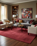 Cherry red luxury solid area rug with a hand-tufted finish, styled in a modern living room to add a rich, elegant, and premium visual appeal.