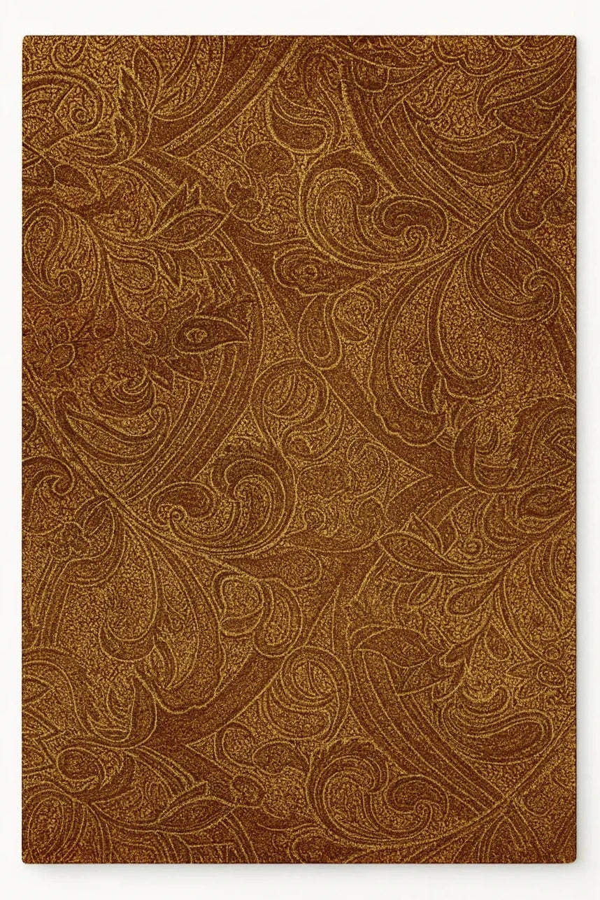 Chocolate brown baroque scroll rug with machine washable design.