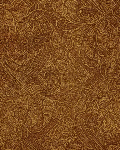 Washable rug with ornate baroque scroll design in deep chocolate tones.