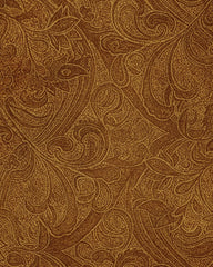 Washable rug with ornate baroque scroll design in deep chocolate tones.