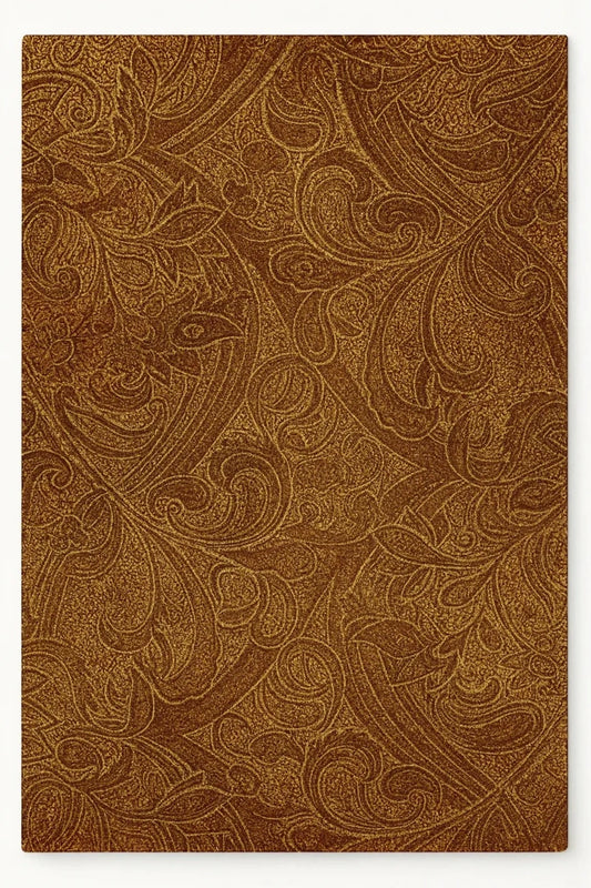 Chocolate brown baroque scroll rug with machine washable design.