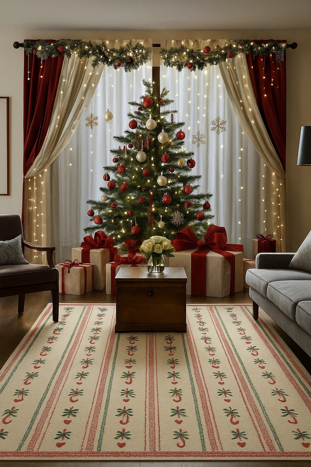Holiday washable rug with playful red and green design on cream background