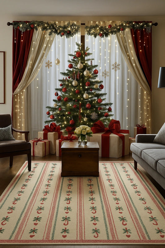 Holiday washable rug with playful red and green design on cream background