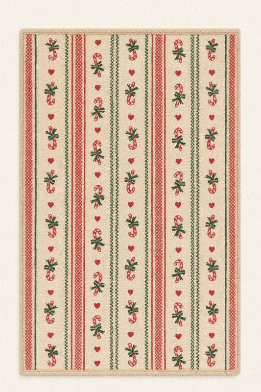 Candy cane Christmas rug with red and green holiday stripe pattern