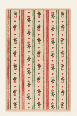 Candy cane Christmas rug with red and green holiday stripe pattern