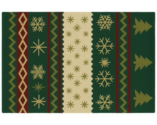 Classic green and gold Christmas Rug with snowflake and tree patterns.