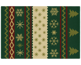 Classic green and gold Christmas Rug with snowflake and tree patterns.