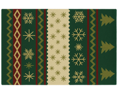 Classic green and gold Christmas Rug with snowflake and tree patterns.