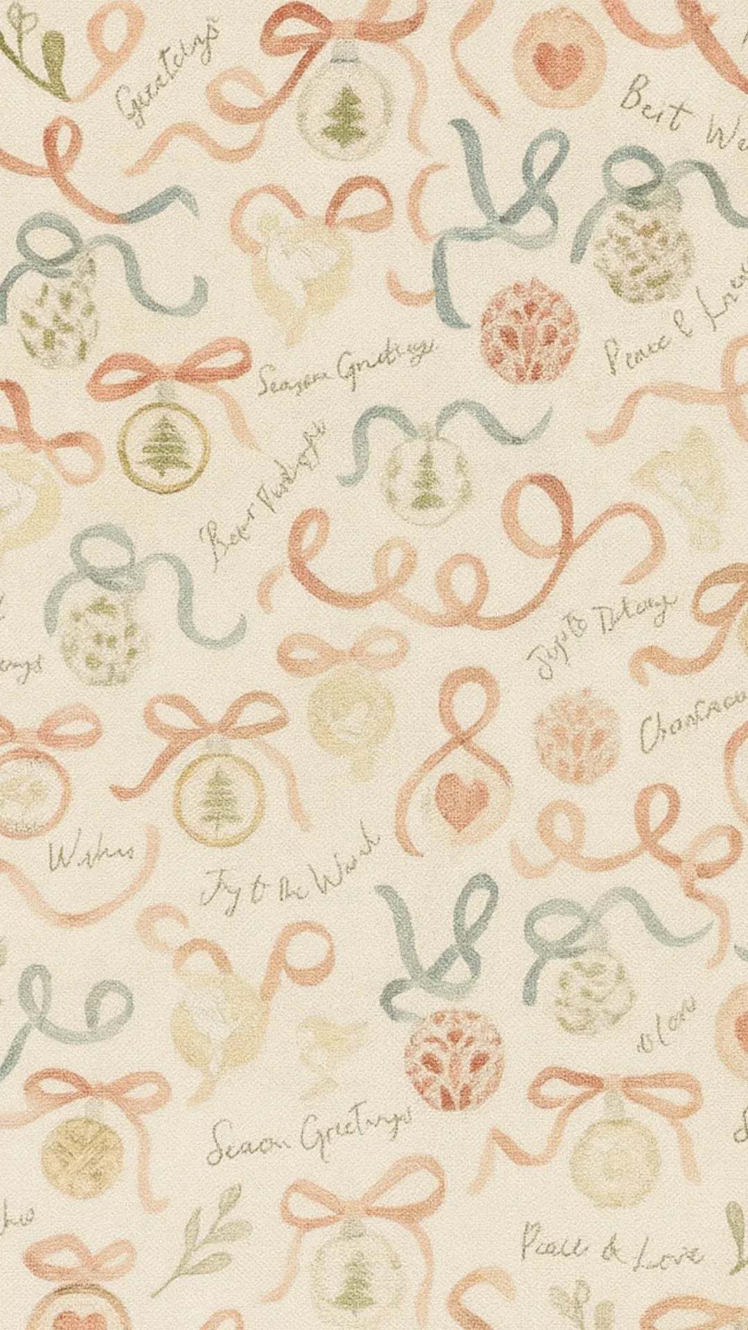 Festive washable rug with cream background, ribbons, and ornaments