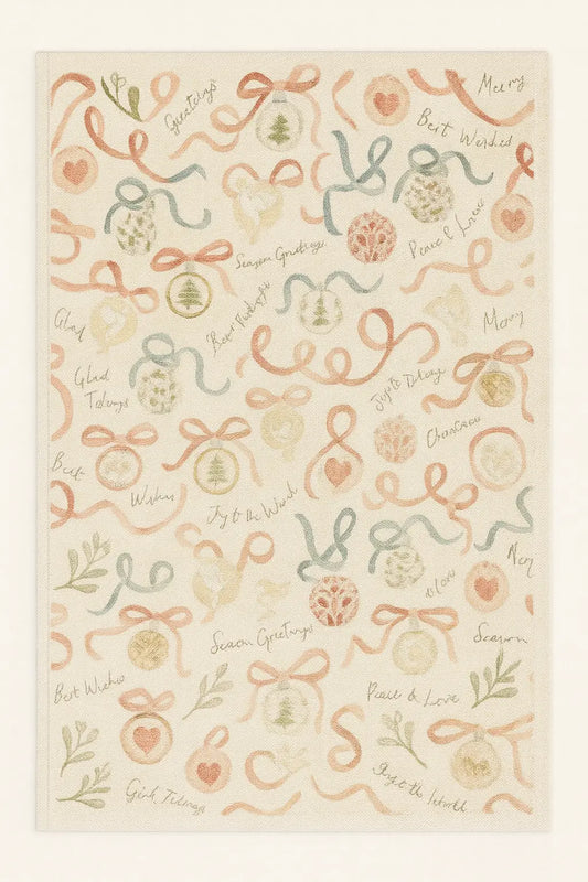 Holiday greetings Christmas rug with ribbons, ornaments, and festive wishes