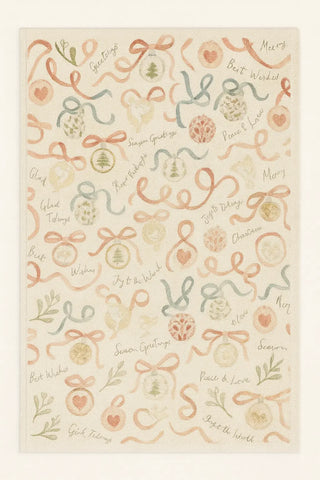 Holiday greetings Christmas rug with ribbons, ornaments, and festive wishes