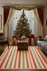 Holiday washable area rug with red and green striped design on cream background