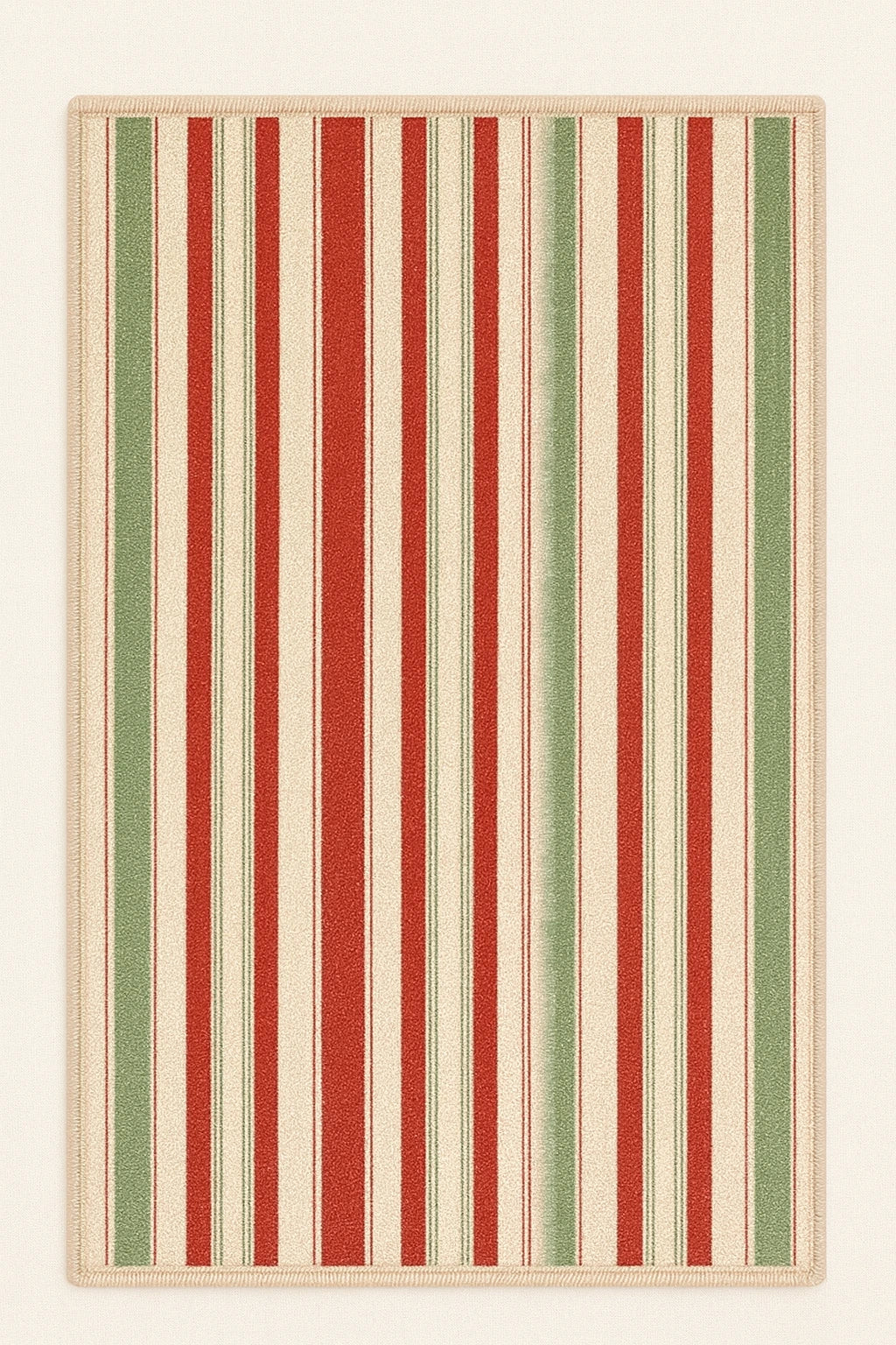 Christmas striped rug with red, green, and cream vertical holiday pattern