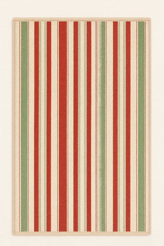 Christmas striped rug with red, green, and cream vertical holiday pattern
