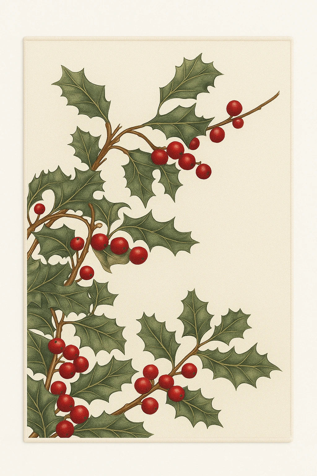 Holly berry Christmas rug with green leaves and red berries on cream background