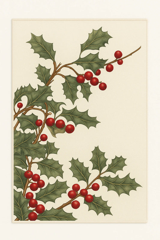 Holly berry Christmas rug with green leaves and red berries on cream background