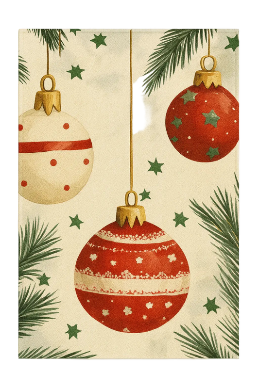 Christmas machine washable rug with red and cream ornaments and pine branches