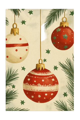 Christmas machine washable rug with red and cream ornaments and pine branches