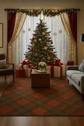 Traditional tartan patterned rug in red, green, and brown for Christmas